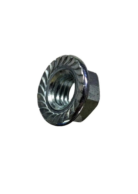 One Hundred Pack Of 1/4-20 Coarse Thread Zinc Plated Steel Hex Serrated Flange Nuts For Auto Work And Garage Projects Built Like Iron Hardware With Rust Resistant Finish And Simple Setup. Close-up view of a zinc plated steel hex flange nut.