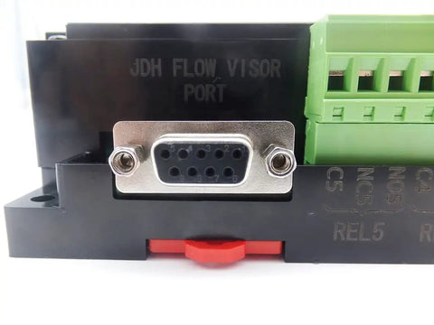 Flow Meter And Totalizer For Liter And Gallon Tracking With Five Sensors And Five Alarms Big Display Shows Instant Flow Rate And Alarm Status Relay LEDs Compatible With Up To Five Sensors For Bang For Your Buck Liquid Monitoring close-up view of connection ports
