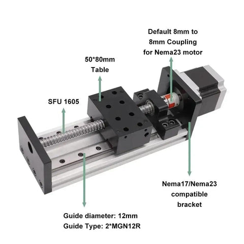 Sliding Table Motor Kit With SFU1605 Ball Screw And Nema23 Stepper, Beefed-Up Linear Guide Stage, 50x80mm table, 12mm guide, 700mm stroke