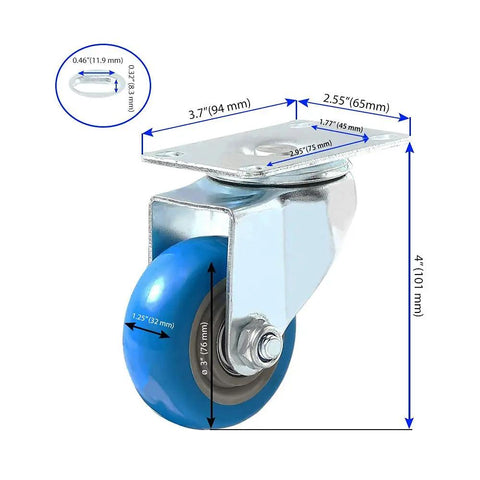 8 Pack 3 Inch Swivel Caster Wheels With Plate No Brake Heavy Duty Blue PU Wheels And Heavy Duty Screws For Carts Dollies