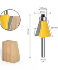 Five Piece Chamfer Router Bit Set With One Quarter Inch Shank For Bevel Edge Forming Angles, detailed dimensions shown