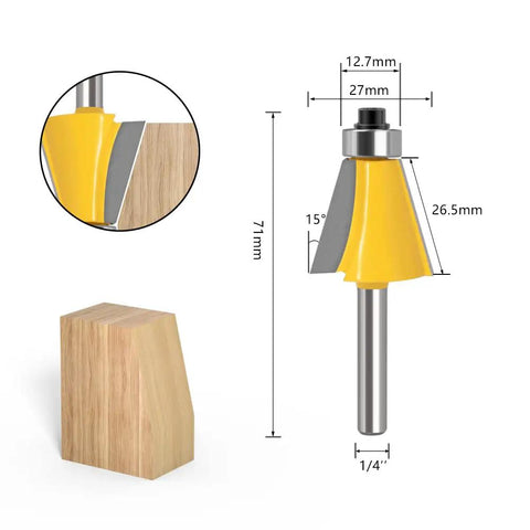 Five Piece Chamfer Router Bit Set With One Quarter Inch Shank For Bevel Edge Forming Angles, detailed dimensions shown
