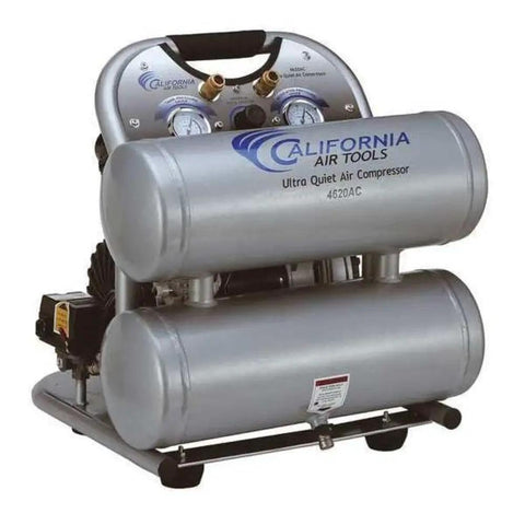 Ultra Quiet Oil Free Air Compressor 2.0 Hp With 4.6 Gallon Tank, compact design with gauges and dual tanks for quiet operation.