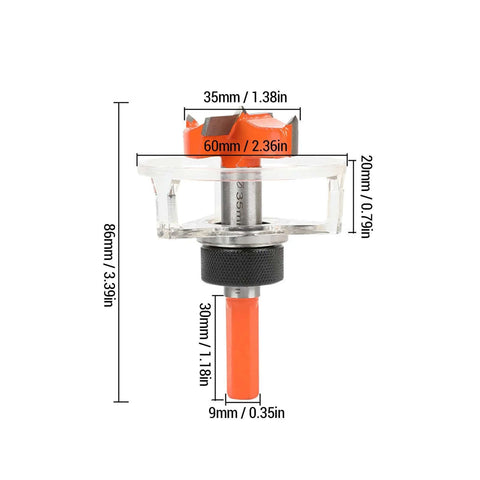 Front view of SENECESLI 35mm concealed hinge jig drill guide set with orange handle and 3-flute bit.