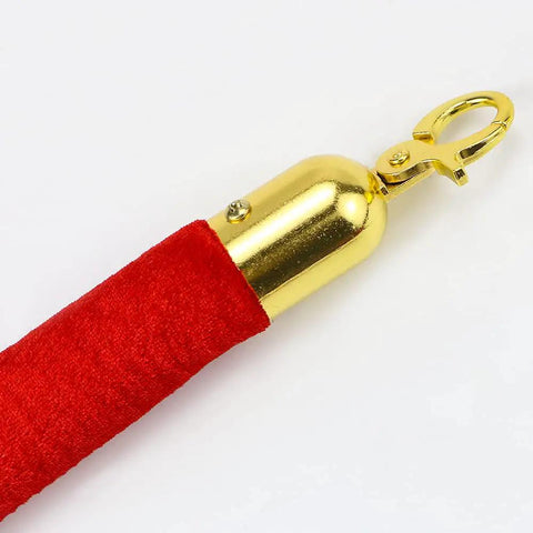 Two Piece Red Velvet Stanchion Rope Set With Polished Gold Hooks for VIP Crowds, close-up of gold hook and red velvet material