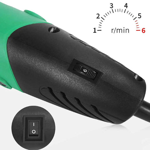 Close-up of Beefy 480W Rotary Tool Kit With Six Speed Settings Up To 32000 RPM showing speed switch and dial