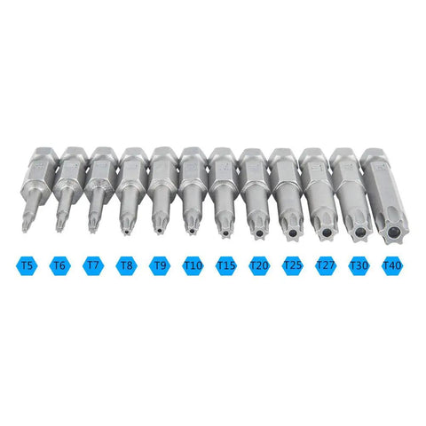 Beefy 12 Piece Torx Bit Set With One Quarter Inch Hex Shank T5 To T40 S2 Steel Tamper Proof 6 Point Security Star Bits