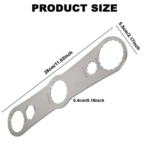 Multi Function Bottom Bracket Wrench 280mm with 39/40.5/44mm openings and 16 notch stainless steel design, shown with dimensions.