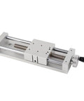 High Precision Manual Linear Stage Sliding Table With 80 By 80 Millimeter Table And 150 Millimeter Stroke For Optical Lab And Precision Inspection, Cross Roller Guides For Ultra Smooth Motion, Aluminum Alloy Construction. Side view, manual knob