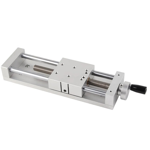 High Precision Manual Linear Stage Sliding Table With 80 By 80 Millimeter Table And 150 Millimeter Stroke For Optical Lab And Precision Inspection, Cross Roller Guides For Ultra Smooth Motion, Aluminum Alloy Construction. Side view, manual knob