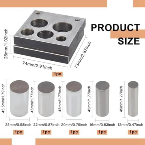 5 Piece Disc Cutter Set For Metal Jewelry Making With Round Punch Sizes 1/2, 5/8, 3/4, 7/8, And 1 Inch, tool and punch sizes display