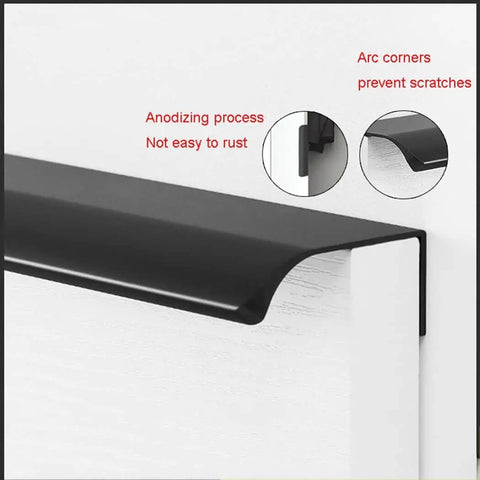 Aluminum Alloy Concealed Cabinet Door Pulls 1200mm Two Piece Black Wardrobe Kitchen Handles With Finger Edge, matte finish detail view.