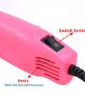 Close-up of pink Mini 300W Heat Gun With Stand For DIY Embossing Shrink Tubing And Drying Paints Multi Purpose Hot Air Tool handle