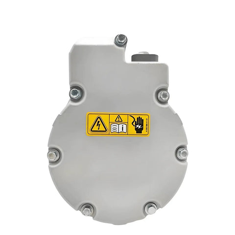 Heavy Duty Electric Hybrid AC Compressor For Bmw 530Le G38 X5 F15 I3 I8 R134a Climate Control Replacement grey exterior with safety labels.