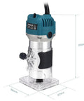 Pro Level 800W Palm Router Kit With 30,000 RPM See Through Adjustable Base displayed with dimensions