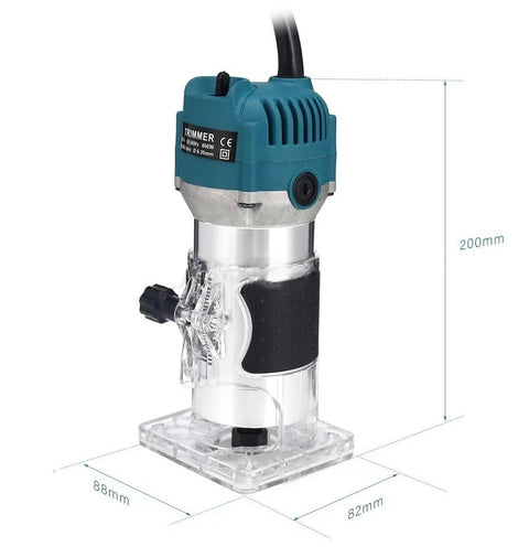 Pro Level 800W Palm Router Kit With 30,000 RPM See Through Adjustable Base displayed with dimensions