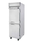 Built Tough Commercial Reach In Upright Freezer With Rock Solid Half Doors, stainless steel, 21 cubic foot capacity.