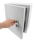 Outdoor Weatherproof Power Distribution Box 25x30x14 Cm With Plastic Lock being opened, showing rugged white enclosure