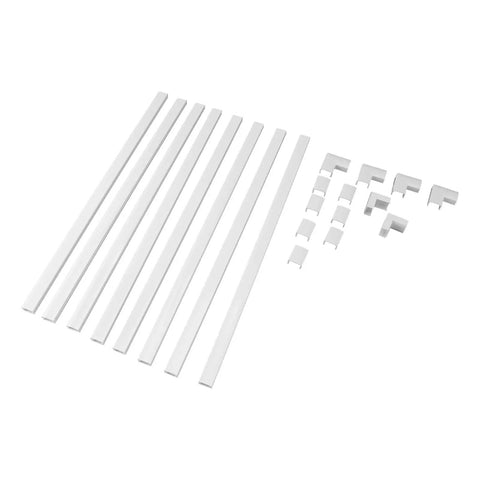 Super Slick Peel And Stick Cable Raceway Cover For TV And Office Walls Strong Adhesive Cord Hider Kit parts layout with strips and connectors.