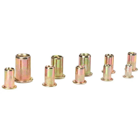 300 Pcs Carbon Steel Rivet Nut Kit With Color Zinc Plated Finish displayed in various sizes