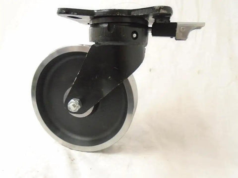 Heavy Duty 8 Inch Forged Steel Dual Wheel Caster Set With Kingpinless Swivel Directional Lock and Rigid Rollers, close-up angle.