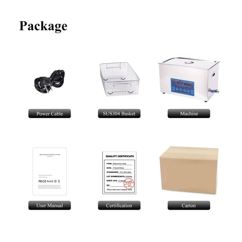 Package contents of Degassing Ultrasonic Cleaner For Jewelry, PCBs, Engines, And Metal Lab Work with 2L-30L capacity.
