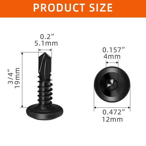 Size Twelve Hex Socket Self Tapping Screws Three Quarter Inch Stainless Steel 410 Sheet Metal Flat Head Black Oxide Finish Fifty Pack Built For Wood Metal And Other Tough Jobs shown with dimensions.