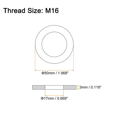 Built Tough M16 Flat Washers 304 Stainless Steel Heavy Duty Hardware For Bolts And Screws 17Mm Inner Diameter X 50Mm Outer Diameter With 3Mm Thickness diagram showing dimensions and sizes.