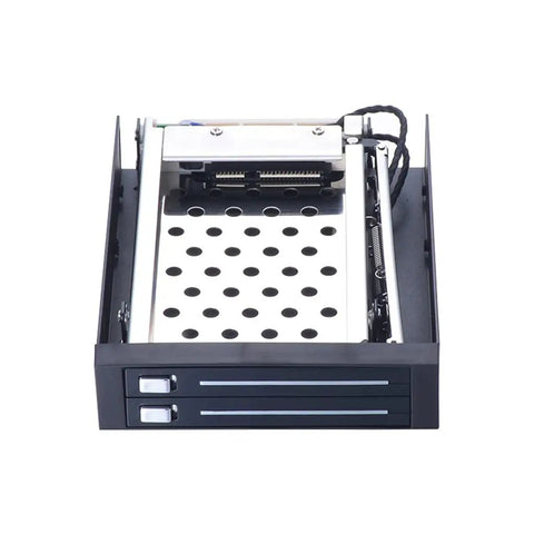 Premium Dual Bay 2.5 Inch SATA HDD and SSD Caddy featuring slick push pull bars, hot-swappable design with ventilation.