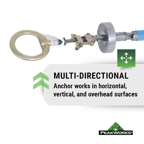 Temporary Reusable Drop In Anchor For Concrete installed in multi-directional position with Peakworks logo visible
