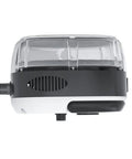 Side view of a handheld steam cleaner base unit, with a detachable compartment, black and white, part of a Handheld Steam Cleaner With Extended Nozzle.