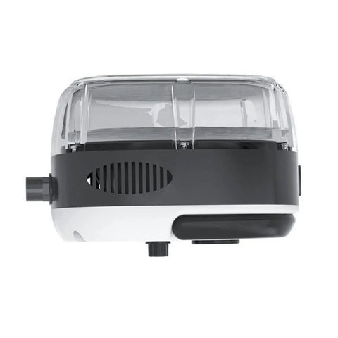 Side view of a handheld steam cleaner base unit, with a detachable compartment, black and white, part of a Handheld Steam Cleaner With Extended Nozzle.