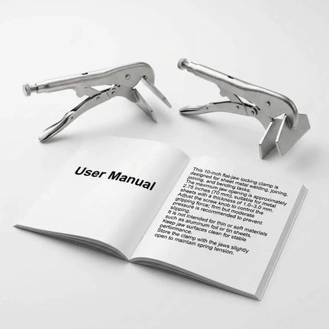 User manual and two Beefy 10 Inch Flat Jaw Locking Clamps For Heavy Duty Sheet Metal Welding And Fabrication visible on table.