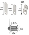 Dimensions of 3 cams and 1-1/8 inch cylinder lock from Cabinet Cam Lock Set, fits up to 7/8 inch panel thickness, chrome finish.