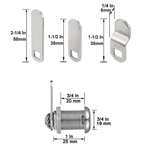 Dimensions of 3 cams and 1-1/8 inch cylinder lock from Cabinet Cam Lock Set, fits up to 7/8 inch panel thickness, chrome finish.