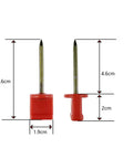 Archery Target Pins 15 Pack Durable Plastic And Manganese Steel Pins showing 6.6 cm length and 3.4 mm nail thickness, red color, side view.