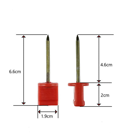 Archery Target Pins 15 Pack Durable Plastic And Manganese Steel Pins showing 6.6 cm length and 3.4 mm nail thickness, red color, side view.