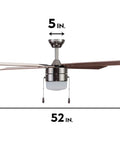 Chism Ceiling Fan 52 Inch Gun Metal With Lit LED Light Kit Bulbs Included, Quiet 3 Speed Reversible Motor front view.