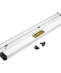 Kickass Lightweight Aluminum Rip Guide With Smooth Dual Port Config Generating 12 Inch Left Side Ripping Power And 14 Half Inch Right Side Clearance For Quick Stair Tread Cuts And Wide Board Crosscuts At Shop Or Worksites, featuring dual rails and hardware.