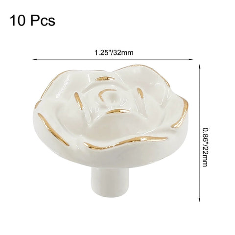 Ivory White Rose Flower Cabinet Pulls 8 Pack With 8 Mounting Screws Vintage Style Kitchen Drawer Knobs with gold finish, side view