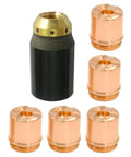 Six Piece Plasma Torch Consumable Shield Cups And Brass Nozzles For Sl60 Sl100, including 5 copper nozzles and a brass retainer.