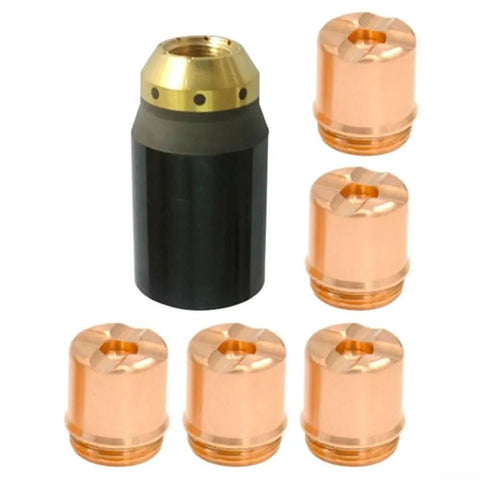 Six Piece Plasma Torch Consumable Shield Cups And Brass Nozzles For Sl60 Sl100, including 5 copper nozzles and a brass retainer.