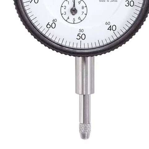 Close-up of Dial Indicator 0.01mm Graduation, 10mm Range, Lug Back, Series 2, 8mm Stem, hardened spindle, stainless steel stem.