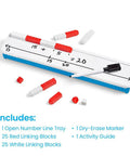 Open Number Line Starter Set With Dry Erase Whiteboards For Students, Flexible Learning For Addition And Subtraction, Educational Math Manipulatives For Elementary Classrooms, Linking Cubes And Desk Track Included shown with red and white linking cubes and marker.