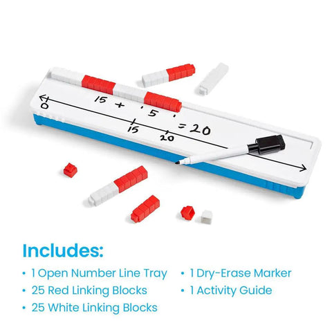Open Number Line Starter Set With Dry Erase Whiteboards For Students, Flexible Learning For Addition And Subtraction, Educational Math Manipulatives For Elementary Classrooms, Linking Cubes And Desk Track Included shown with red and white linking cubes and marker.