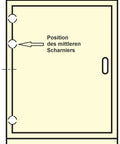 Illustration of hinge positions on a door for Invisible Zamak Cross Hinge Set Concealed 180 Degree Hinge, in German.