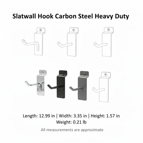 Heavy Duty Slatwall Hook Carbon Steel For Retail Displays And Garage Organization with measurements, tool-free install
