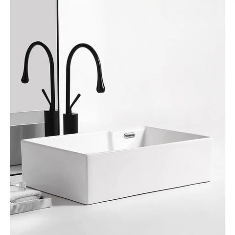 USZWBY Vessel Sinks Nordic Ceramic Table Basin Side Corner Drainage Washing Machine Balcony Home Washbasin Pool with Washboard Bathroom Bowl Sink in modern bathroom setting with black faucet.