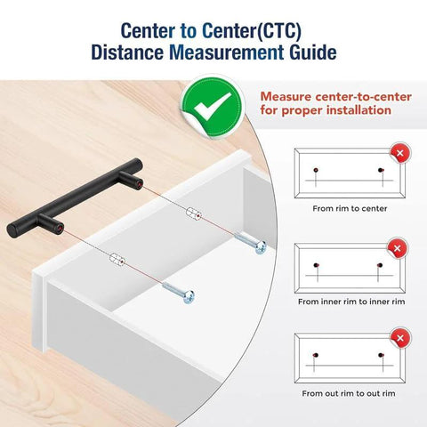 Distance measurement guide for Set Of 30 Matte Black Cabinet Pulls, 5 Inch Length, 3 Inch Hole Centers installation on drawer.