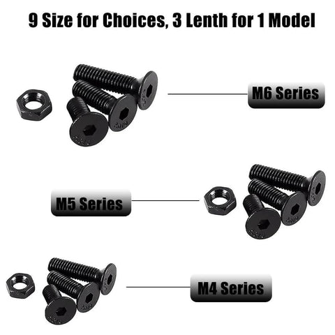 Black 219-Piece Metric M4 M5 M6 Flat Head Socket Cap Screws And Nuts Set In Alloy Steel With Hex Socket Drive, Countersunk Bolts
